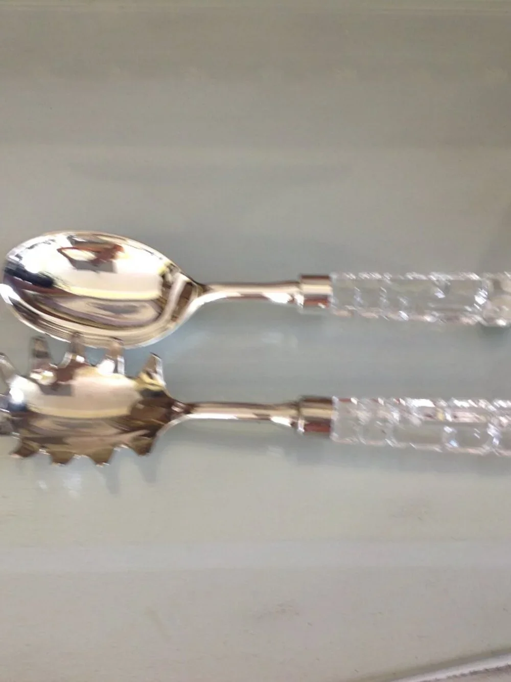 Vintage Shannon Crystal salad serving set with silver plated heads